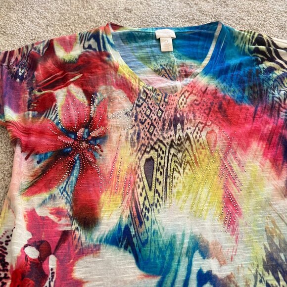 Y2k Floral Vibrant Artsy Asymmetrical Hem Colorful Flowy Tunic Top w Rhinestones - Picture 6 of 9